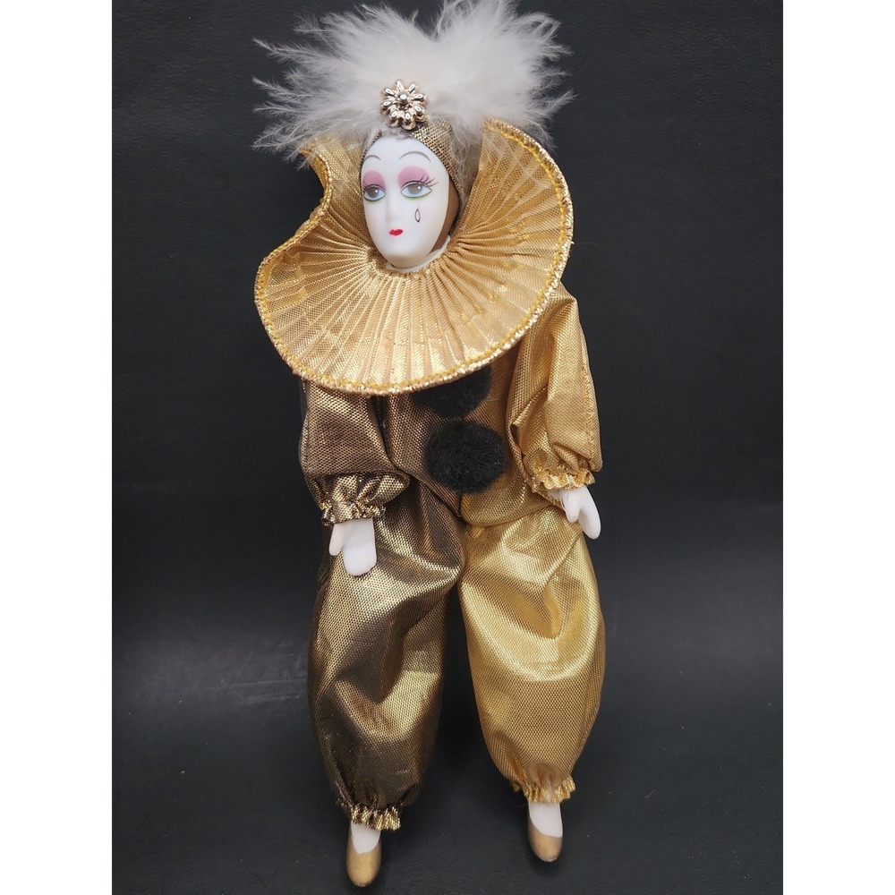 Vtg Taffy Porcelain Jester Harlequin Doll Black Gold 8" Posable Pierrot In Box